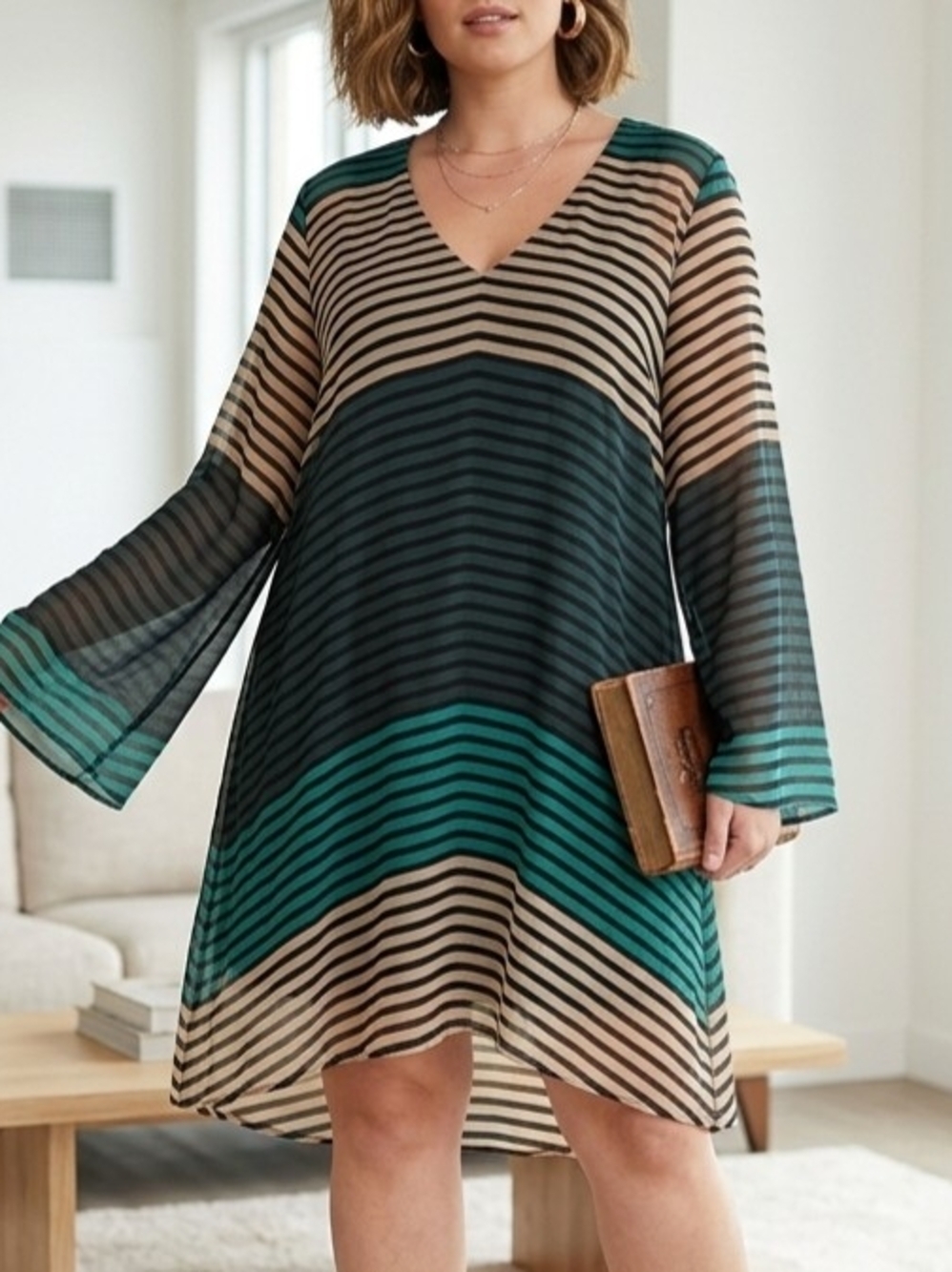 ECI New York Shift Dress Size 8 Striped V-Neck Bell Sleeve Sheer Overlay Teal - Picture 1 of 15